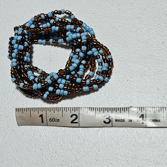 Handmade Multi Strand Seed Beaded Stretch Bracelet Light Blue Bronze Beads Women - Picture 4 of 4